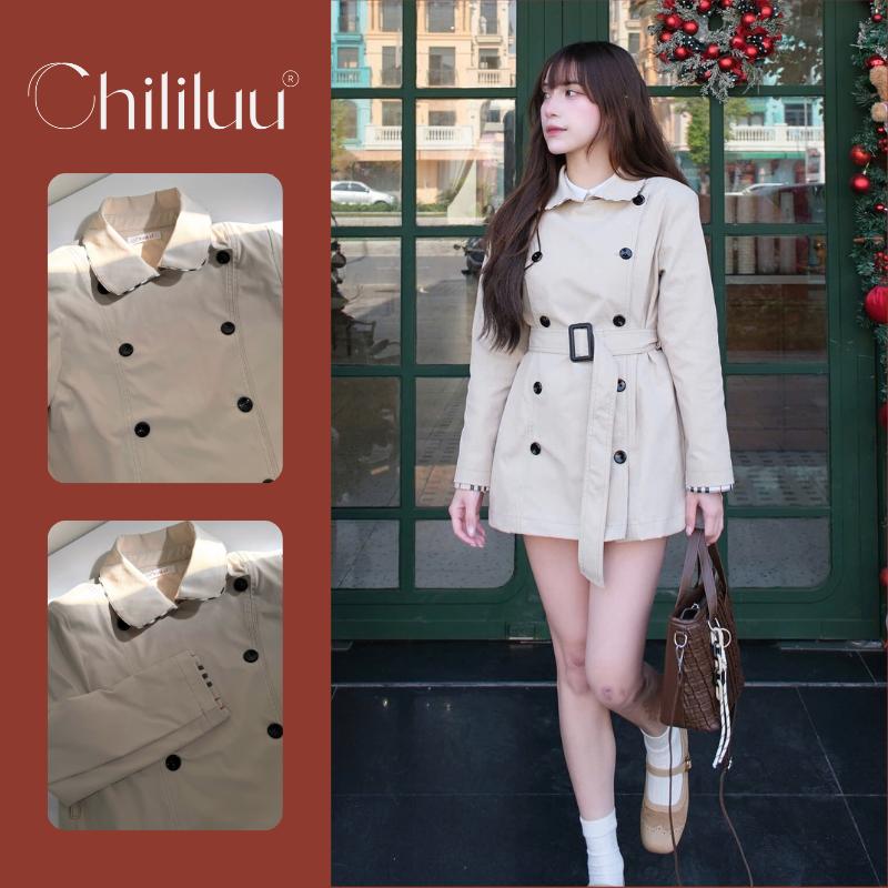 Áo khoác nữ Chililuu áo kaki măng tô form suông thắt đai phối cổ phong cách sang chảnh