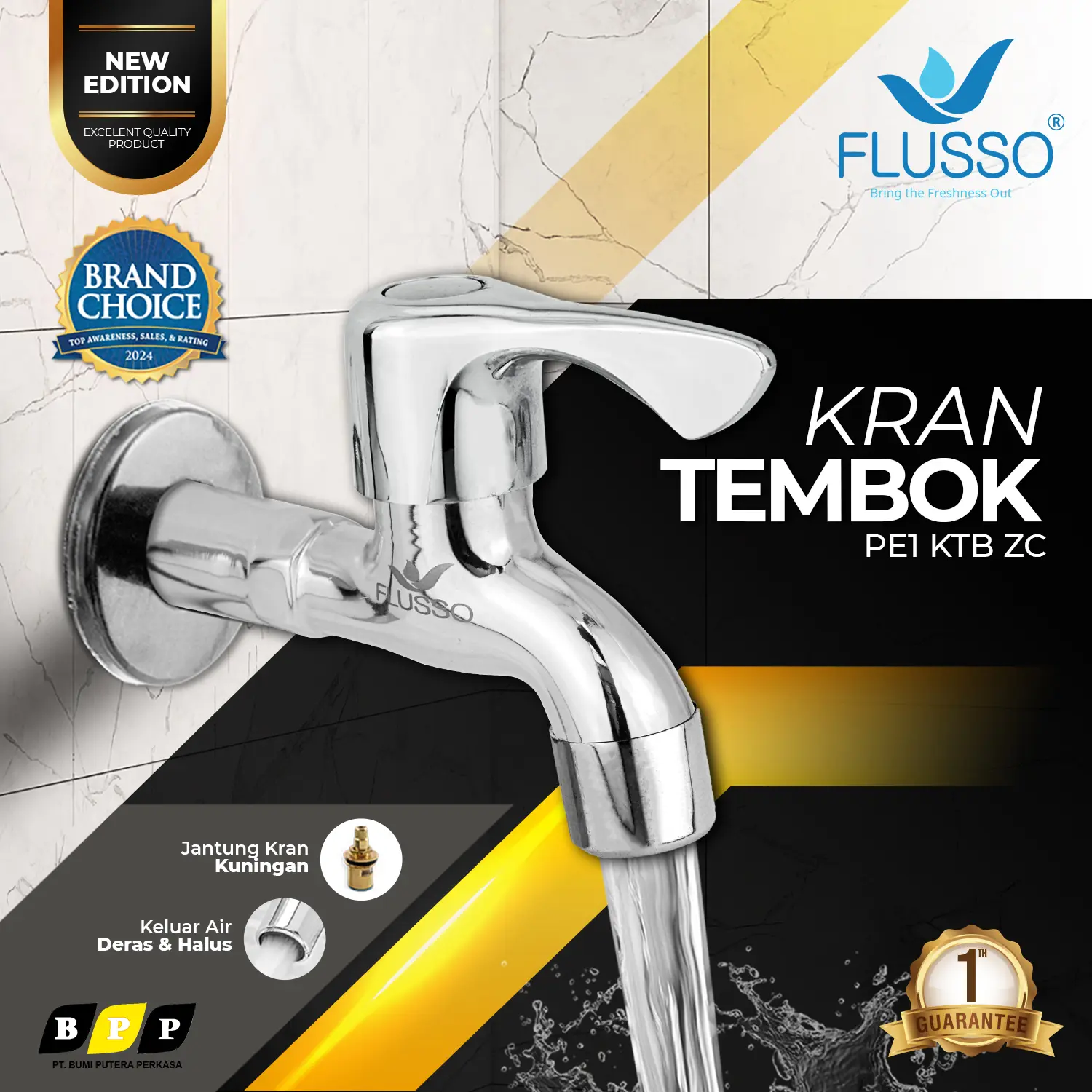 Flusso Kran Tembok PE1 KTB ZC Original | Kran Kamar Mandi Chrome Garansi 1 Tahun | Bahan Zinc Alloy & Kuningan Jantung | Keluar Air Deras & Halus | Brand Choice
