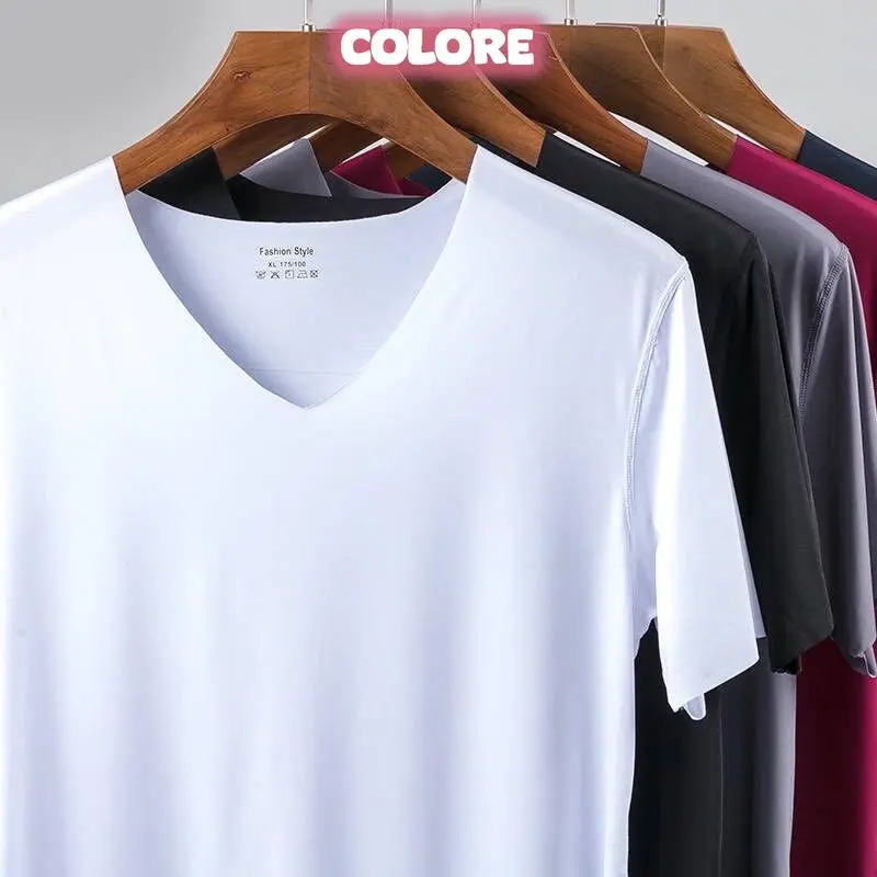 [Colore] Men Ice Silk T-shirt Man Short Sleeve V-neck Tees Cooling Seamless Inner Top Breathable Drying Tees Plain Baju Lengan Pendek Lelaki Inner Wear