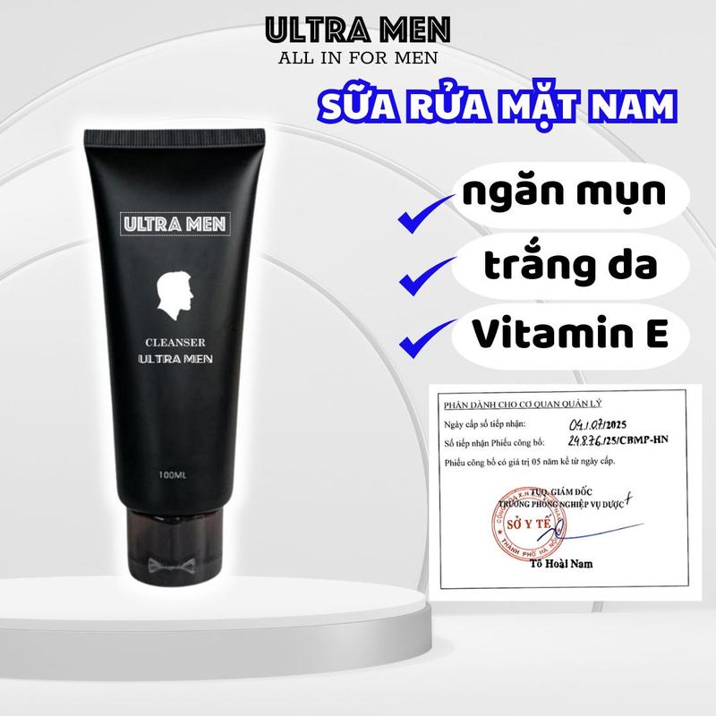Sữa rửa mặt trắng da giảm mụn bổ sung vitamin E B1 cleanser chính hãng ultra men 100g cho nam