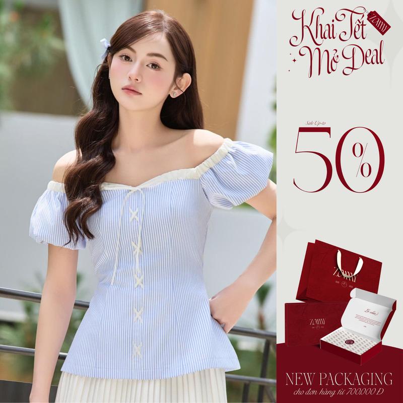  ZAMYSHOP - Áo TK kẻ trễ vai viền chun áo sơ mi nữ kiểu mới nhất 2025 áo trễ vai xinh đẹp   LẺ ÁO KHÔNG KÈM CHÂN VÁY  