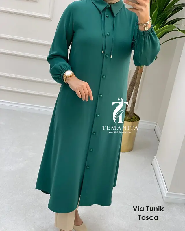 TEMAWANITA Via Tunik Premium - 5.1 Modern Panjang Long Tunik Full Kancing Pakai Tali Kece Terkini Formal Muslim 1