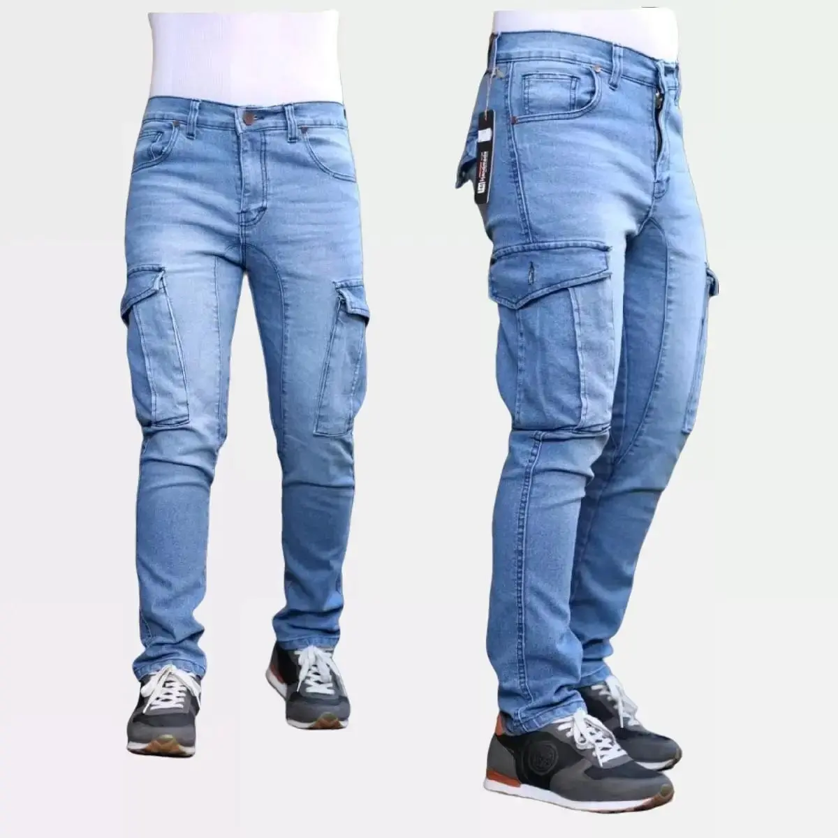 99outfit celana jeans cargo pria denim melar Stretch biru muda 28-38/ Cargo jeans cowok distro bandung melar nyaman Slimfit Tebal Panjang