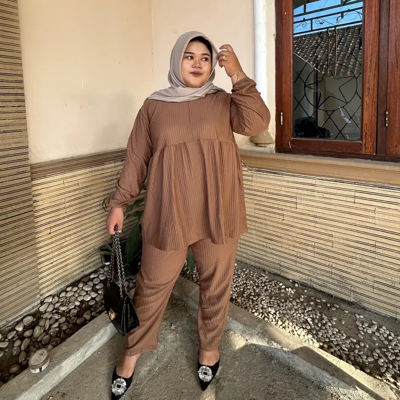 LR - ONE SET PUFFY JUMBO SETELAN CELANA BUSUI LENGAN BALON BIGSIZE IMPORT SETCEL  FLOWY MELAR KNITIING s/d BB 110kg Atasan 1