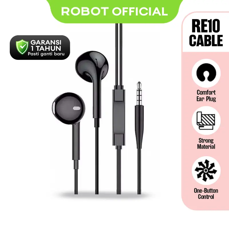 ROBOT Headset RE10 Wired Headset Wired Earphone Bass Original - Garansi Resmi 1 Tahun (RE10) [ BISA COD ] Headphone 0