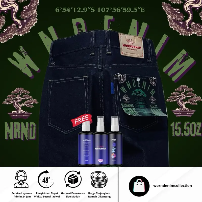 WORNDENIM-Narendra-raw denim 15.5OZ-unsanforized-bisa berdiri-kaku tebal-greenline selvedge accent