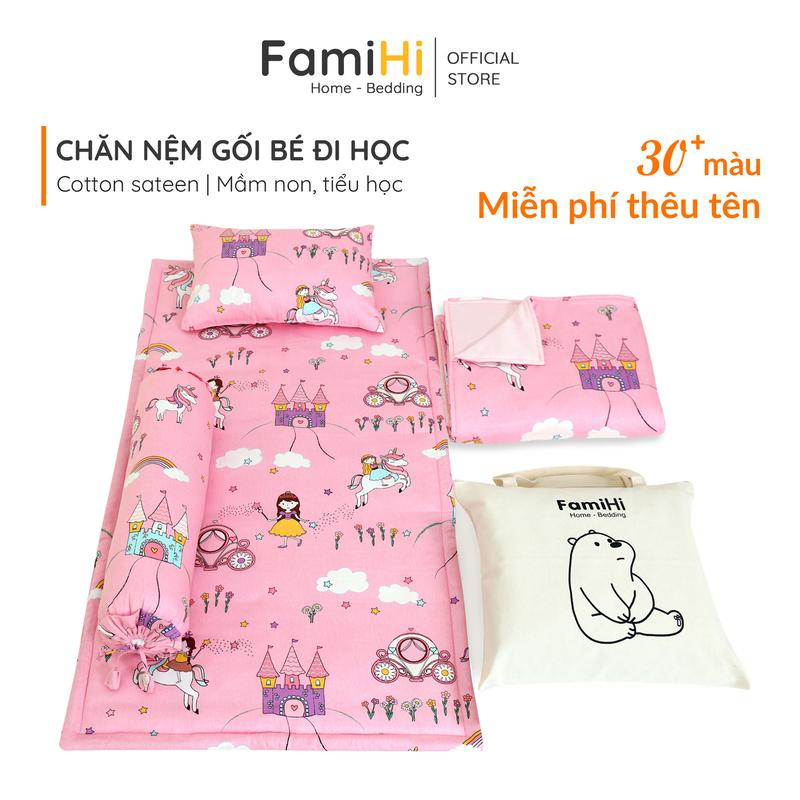 Bộ chăn nệm gối FamiHi cao cấp cho bé gái đi học mẫu giáo tiểu học với Công Chúa Pony Hello Kitty - 100% cotton tự nhiên mềm mát kháng khuẩn