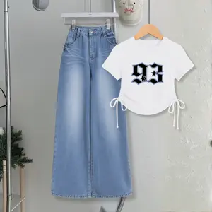 Pakaian Setelan Anak Perempuan Crop Model Serut dan Celana Jeans Kulot Pinggang Karet Tanpa Resleting Usia 9-12 Tahun Motif Angka 93 Baseball