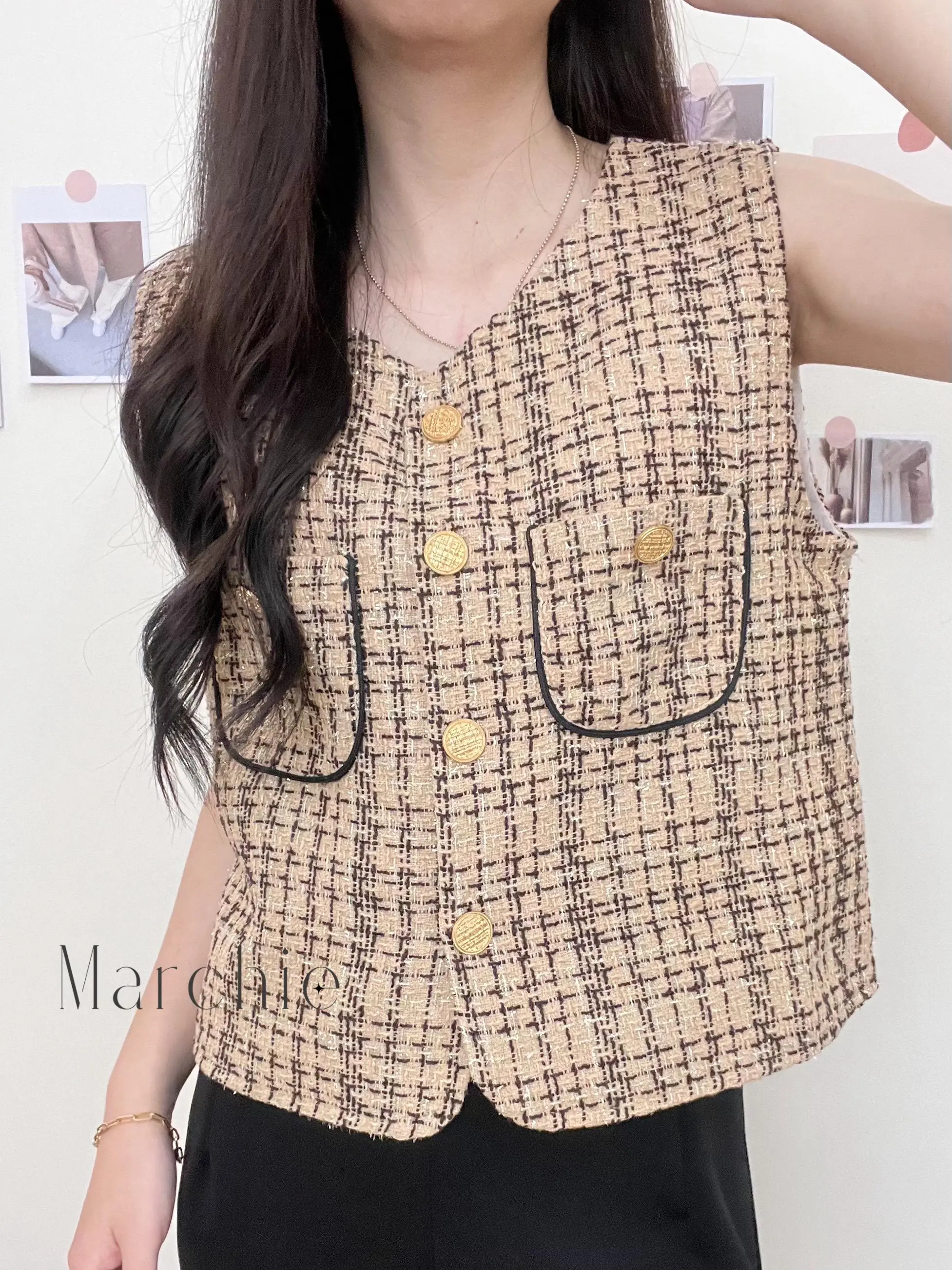 [Marchie] READY STOCK BANGKOK - Tweed Vest / Atasan Wanita Vest Premium / Vest Perempuan Gold Putih / Rompi Wanita