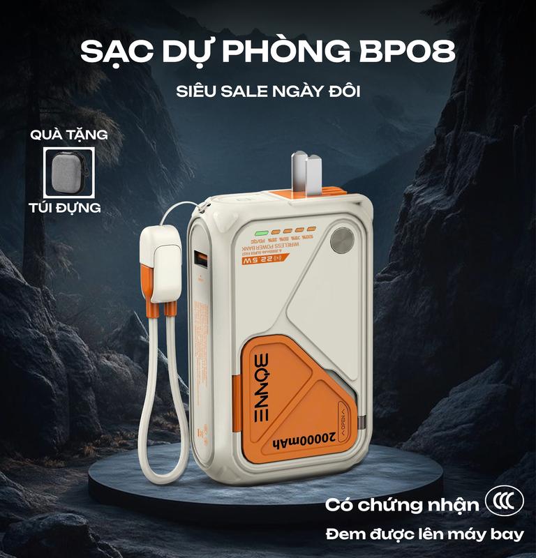( Tặng Túi Đựng) Sạc Dự Phòng Bonne TECHNOLOGIQUE BP08 10.000mAh/20.000mAh Không Dây Kiêm Củ Sạc Nhanh Bảo Hành 12 Tháng