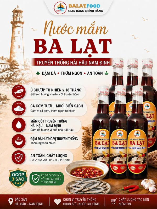 Nước Mắm Cốt Truyền Thống BALAT 30 Đạm Đặc Sản Hải Hậu Nam Định - Nước Mắm Nấu Chấm Nguyên Chất 3 Chai 1 Lít/ 6 Chai 500ml