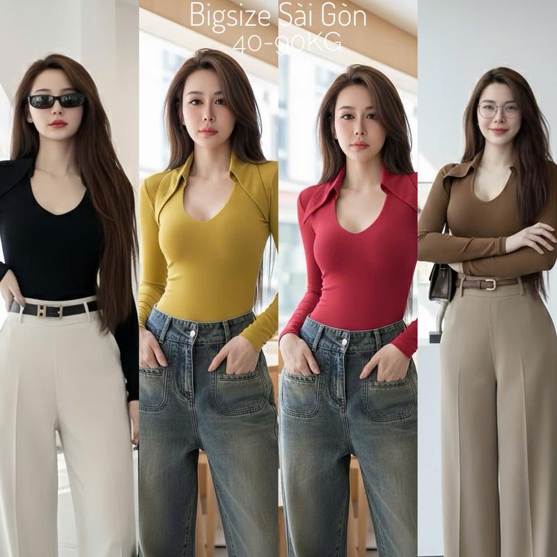  Bigsize Sài Gòn Áo Thun Polo Cổ Nhọn Tay Dài Vải Thun Gân Tăm Thanh Lịch Có Bigsize 45–90kg - B.1601 Size 0-2 Co Giãn Thoải Mái Phù Hợp Mọi Phong Cách 