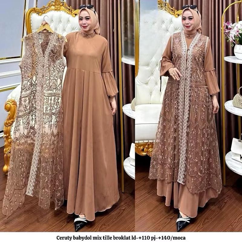 Bisa Cod Gamis Pesta Wanita Jumbo Ukuran M L XL XXL 3XL 4XL Ld 100-140cm // Qinara Dress Set Iner Plus Outer Lepas Pasang // Dress Iner Ceruty Outer Brukat Renda // Gamis Wanita Jumbo // Dress Kondangan Setelan Gamis Iner Outer  Panjang Gaun 4