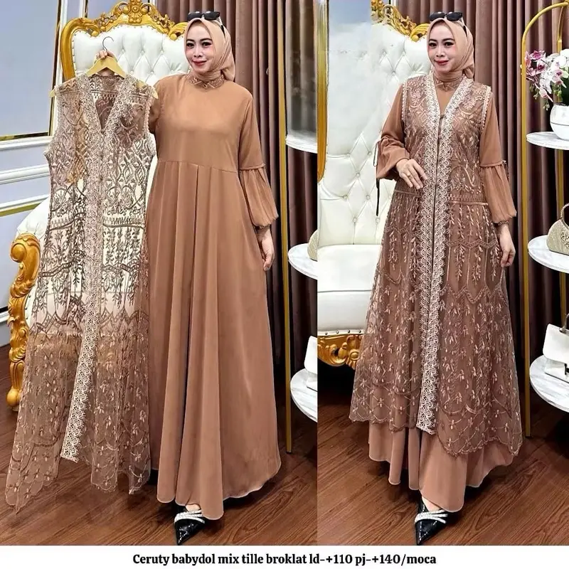 Bisa Cod Gamis Pesta Wanita Jumbo Ukuran M L XL XXL 3XL 4XL Ld 100-140cm // Qinara Dress Set Iner Plus Outer Lepas Pasang // Dress Iner Ceruty Outer Brukat Renda // Gamis Wanita Jumbo // Dress Kondangan Setelan Gamis Iner Outer  Panjang Gaun 4