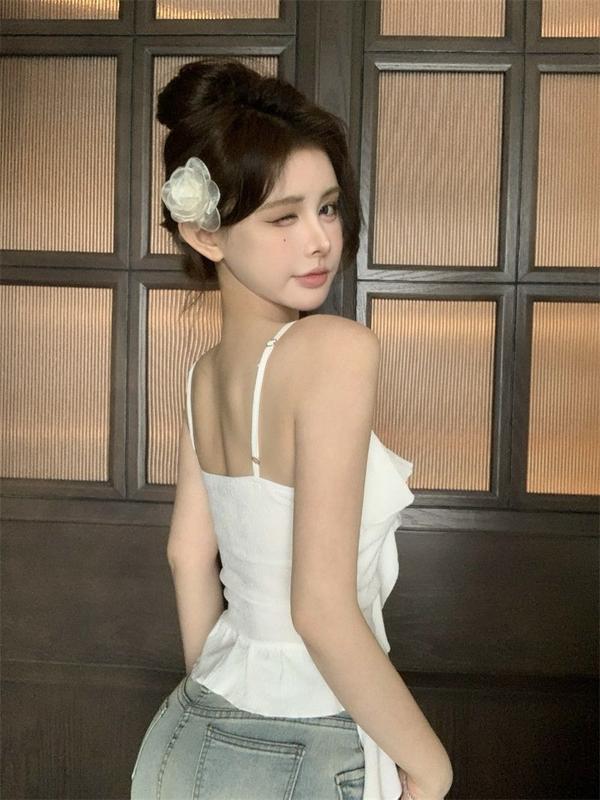Áo Yếm Nhỏ Thiết Kế Xếp Nhún Hoa Ba Chiều Áo Ngắn Bất Đối Xứng Độc Đáo Mùa Hè Cho Nữ, Thích Hợp Mặc Ngoài Trời Top Women 6