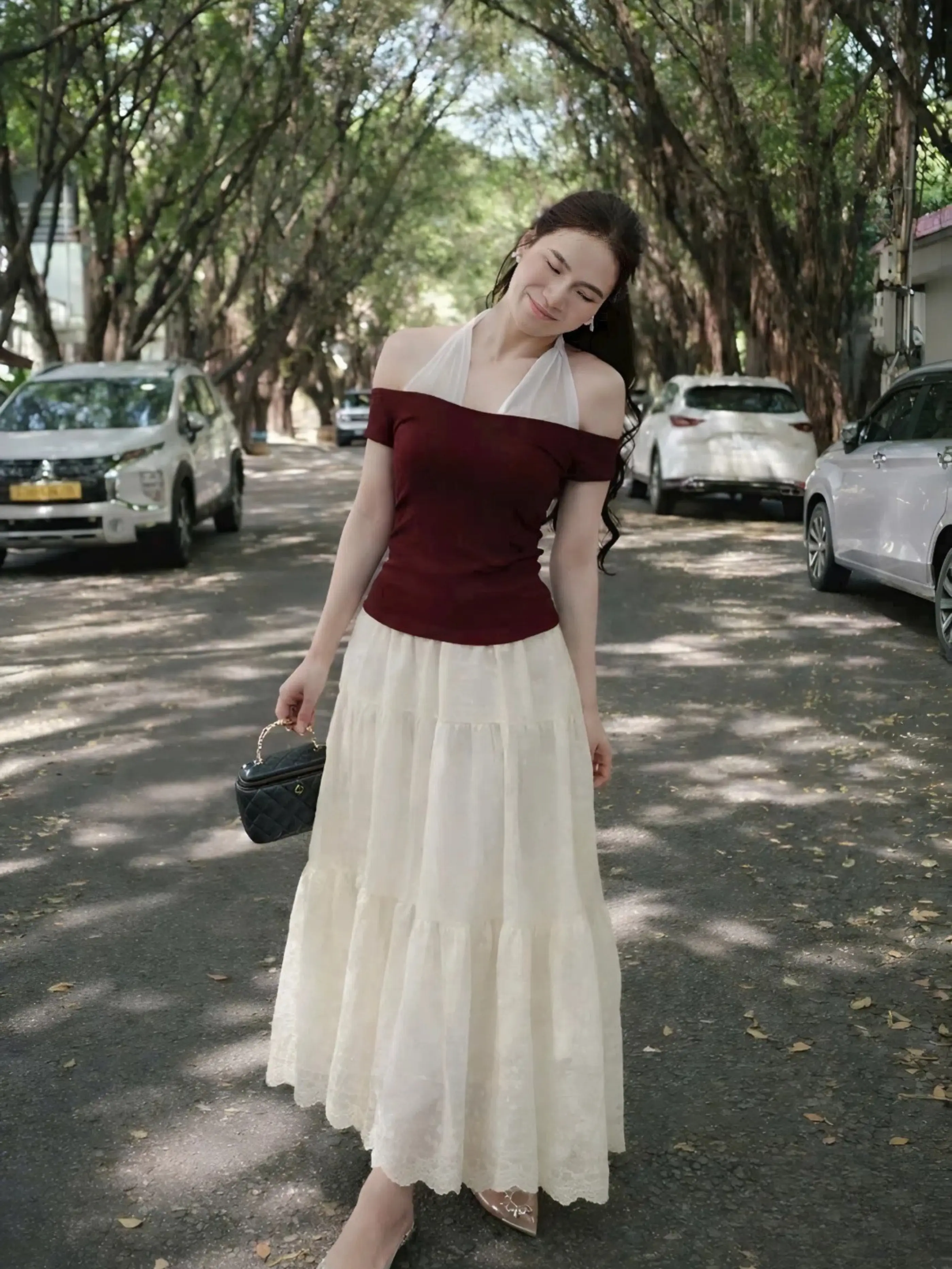 Áo Nữ Ngắn Tay Hàn Quốc Ôm Dáng Trễ Vai Phối Yếm Thời Trang - HL05 | BigBuy360 - bigbuy360.vn