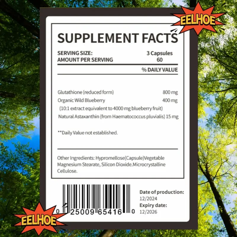 EELHOE Glutathione + Blueberry 1200mg & Astaxanthin 15mg - Antioksidan kuat, meningkatkan kesehatan kulit, melindungi mata, memutihkan kulit, dan anti-penuaan. - Shop