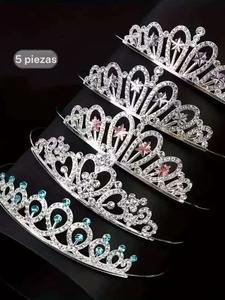 Conjunto de 5 diademas con corona de princesa en color plateado, regalo perfecto para fiesta de cumpleaños de niñas, accesorios de cabeza de aleación a la moda
