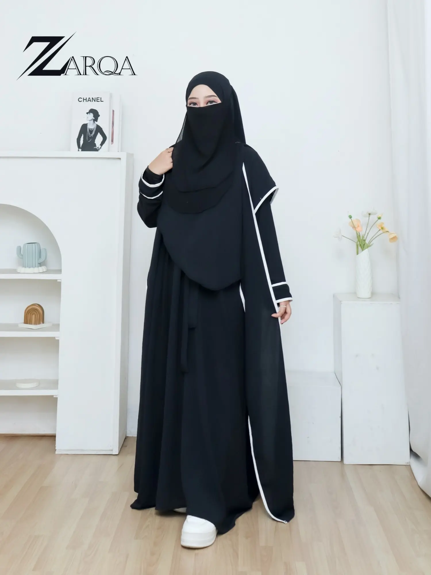 ZARQA - Maura Abaya Set | Gamis Turki Motif List putih 4 in 1 Inner Outer Pashmina ikat pinggng Airflow Crinkle Muslim Wanita gamisabaya Hitam Dress Syari  Lebaran Mewah Dewasa