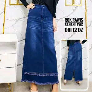 Rok jeans rawis allsize premium belakang karet kancing depan katong aktif Panjang Denim Dewasa Cewek