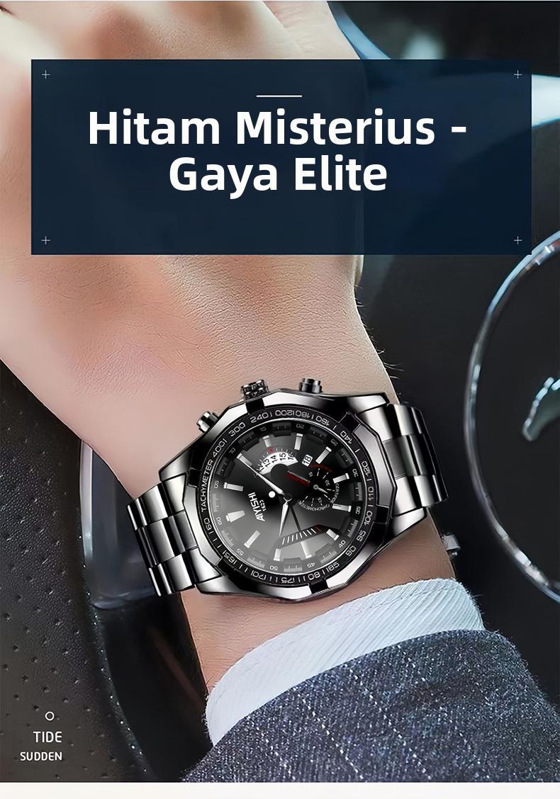 AIYISHI Jam Tangan Pria Mewah & Sporti 1623 Multifungsi Tahan Air 30M Dial Hitam Bodi Stainless Steel Garansi 2 Tahun Kaca Kristal Kuarsa Otomatis