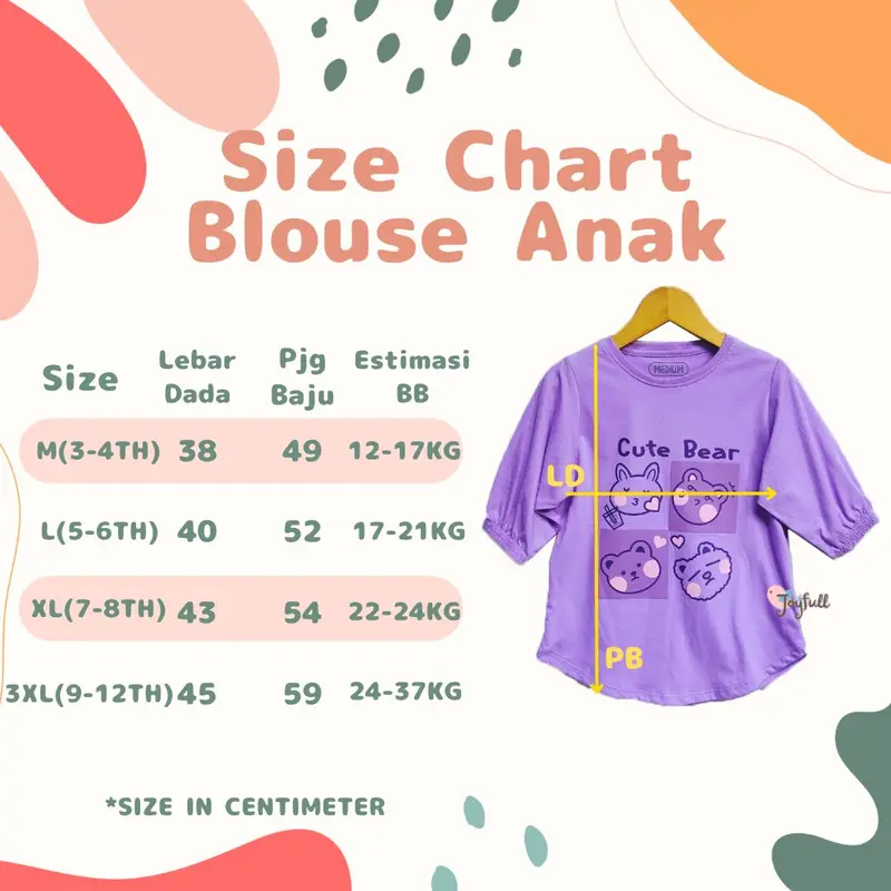 BLOUSE ANAK PEREMPUAN, BAJU ANAK PEREMPUAN, KAOS ANAK CEWEK BAHAN KATUN, LENGAN BALON, BAJU ANAK 3-12 TAHUN 6