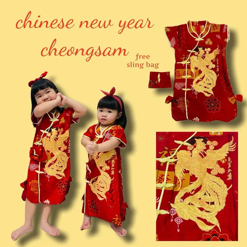 CHEONGSAM ANAK CEWEK EDISI IMLEK TAHUN ULAR/DRES CHEONGSAM ANAK CEWEK/TERUSAN ANAK DRES IMLEK WARNA MERAH FREE TAS SLING BAG 0
