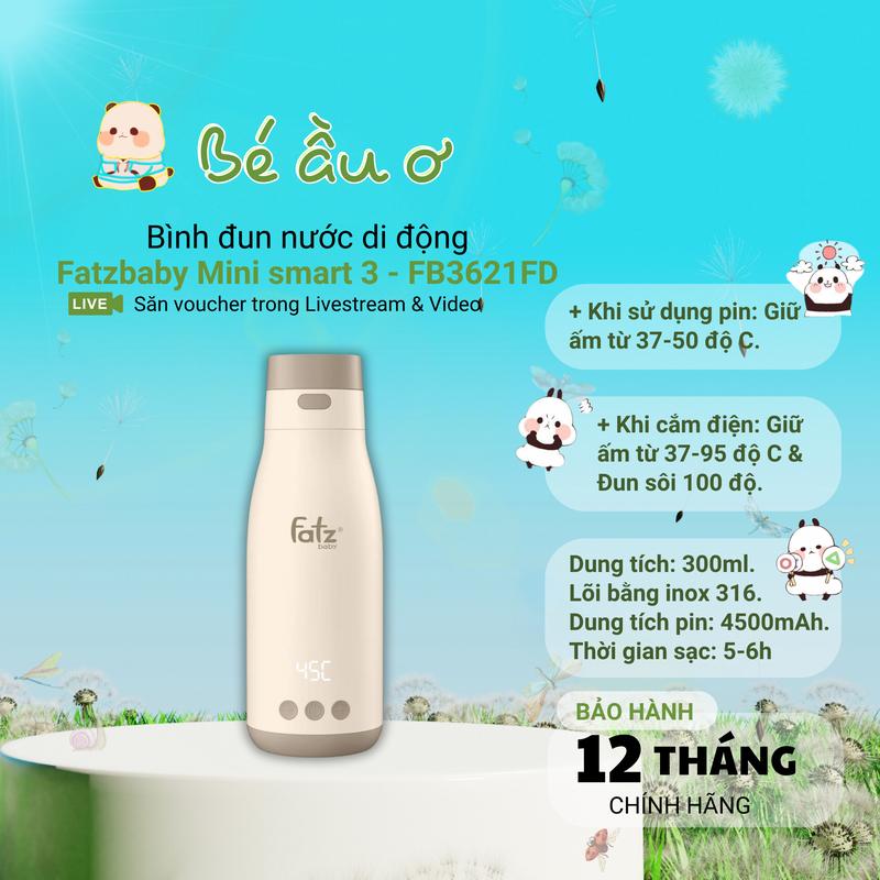 Bình đun và hâm nước pha sữa di động fatzbaby MINI SMART 3 FB3621FD bình giữ nhiệt pha sữa cho bé 70 độ C binh ham nuoc phasua