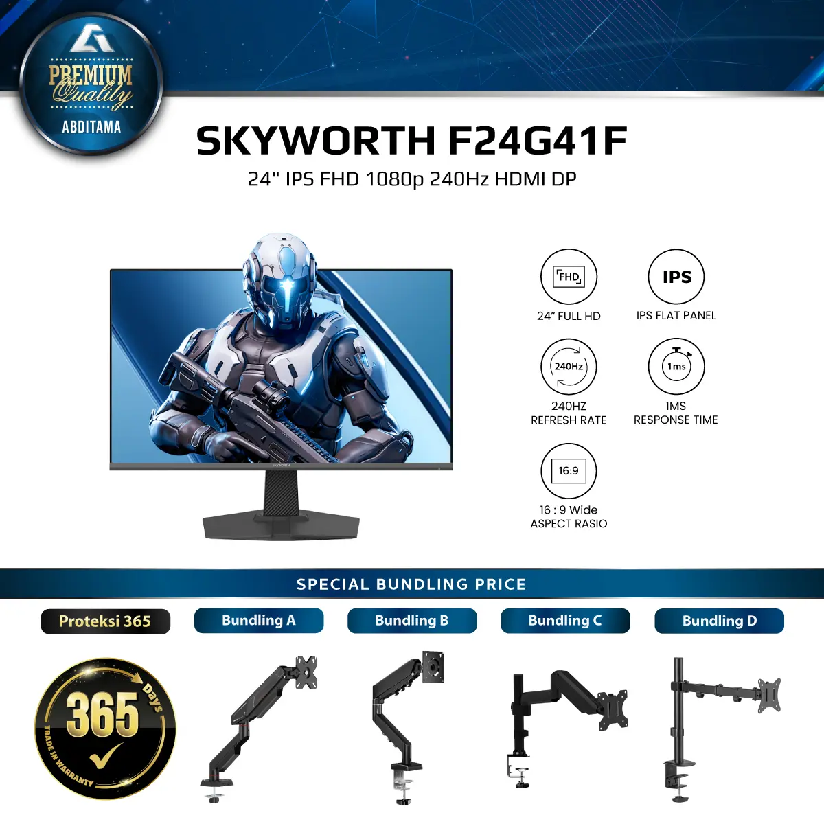 Monitor LED SKYWORTH F24G41F 24" IPS FHD 1080p 200Hz OC 240Hz HDMI 2.0x2 DP 1.2x1 VESA 75x75mm ABS Automatic Brightness Stabilization with Ambient Light Sensor ALS Low Blue Light Mode Hardware anti-blue light
