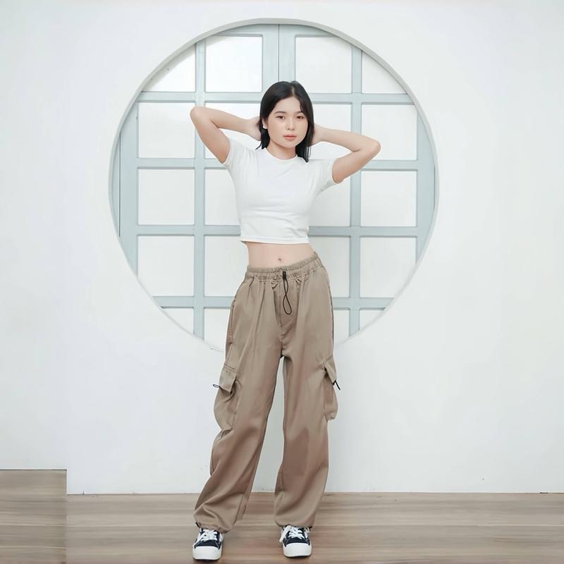 Celana Panjang Cargo Wanita Highwaist Korean Style Tali Serut Bawah  Loose Pants Standart-Jumbo Dewasa Kaki Karet 3