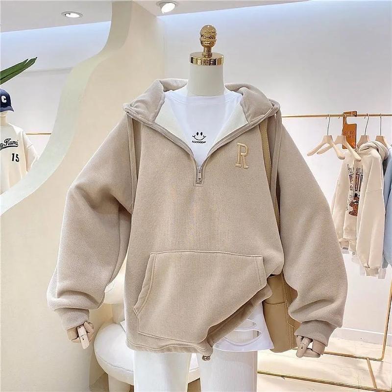 HALF ZIPPER SWEATER WANITA BAHAN ADEM MODE KOREA FLEECE MOTIF BORDIR Oversize Tebal Hoodie jumper wanita 2