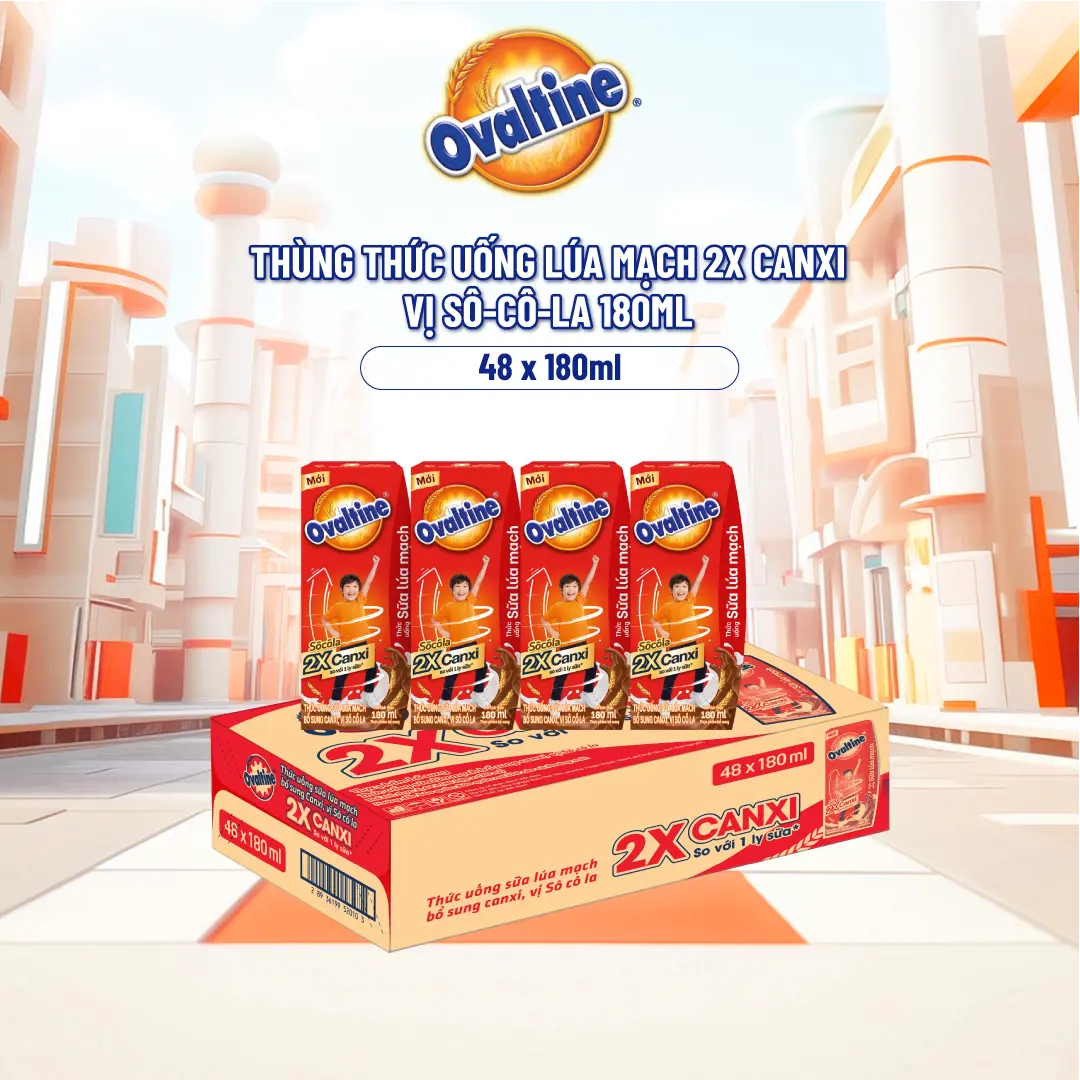 Thùng 48 hộp Thức uống lúa mạch gấp đôi Canxi hương vị sô-cô-la Ovaltine (180ml x 48)