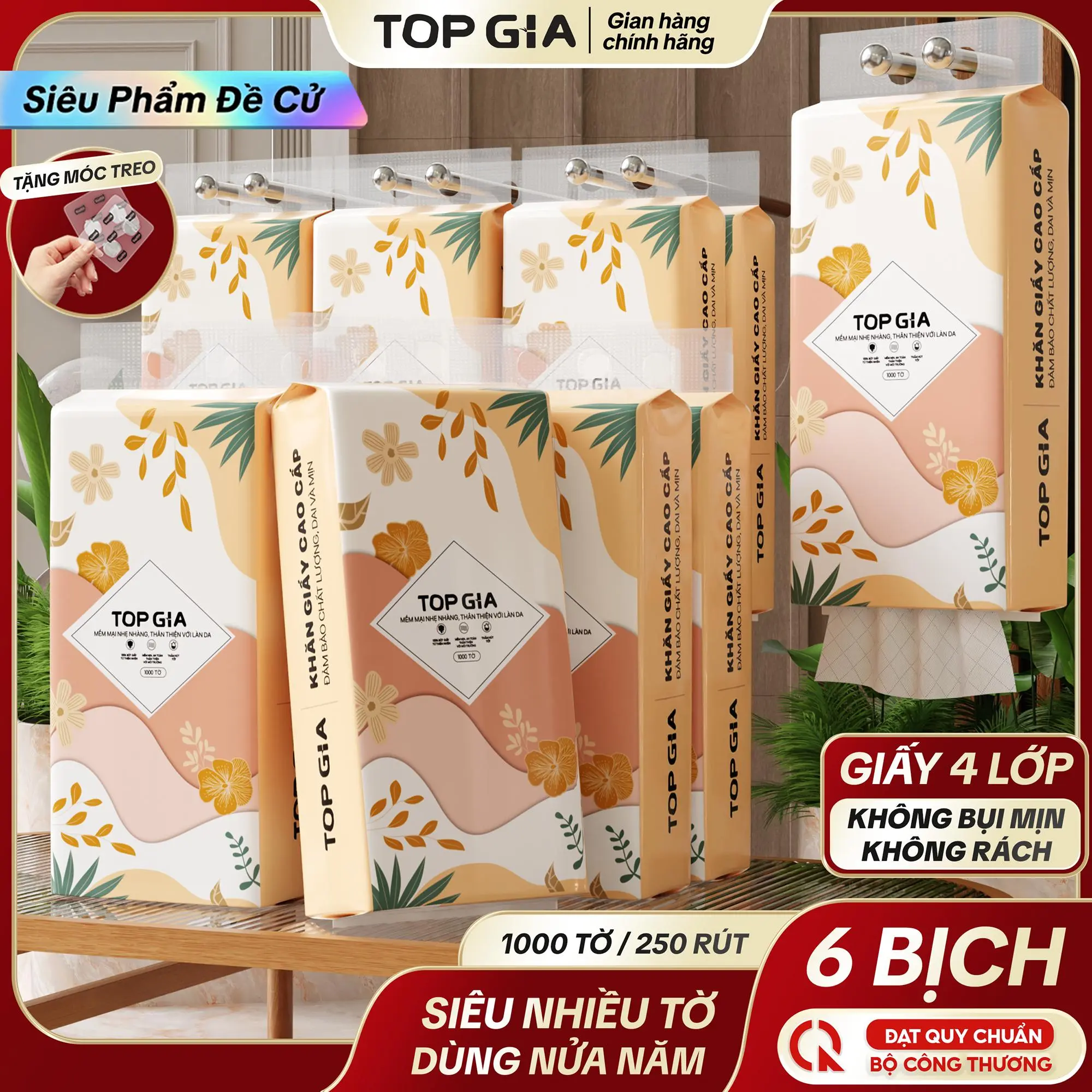 [TOPGIA X QUYỀN LEO]  DEAL COMBO 6 BỊCH Khăn Giấy Tiểu Hạ TOP GIA 4 Lớp Mềm Mịn, Thành Phần Bột Gỗ Tự Nhiên Thân Thiện An Toàn (6.000 Tờ – 4 Lớp, Nhiều Tờ Hơn, Dai Đanh Mềm Mịn) – Tặng 2 Móc Treo  ĐẠT QUY CHUẨN CỦA BỘ CÔNG THƯƠNG VTG86