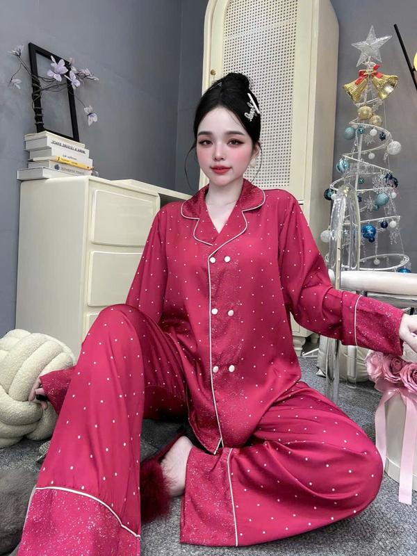  Đồ Bộ Pijama Nữ Lụa Latin Tơ Tằm Thoáng Mát Cổ Vest Tay Dài Quần Dài In Họa Tiết Chấm Bi Đỏ  Size 45-60kg và 61-75kg  Có Bigsize  Women Dài Tay 