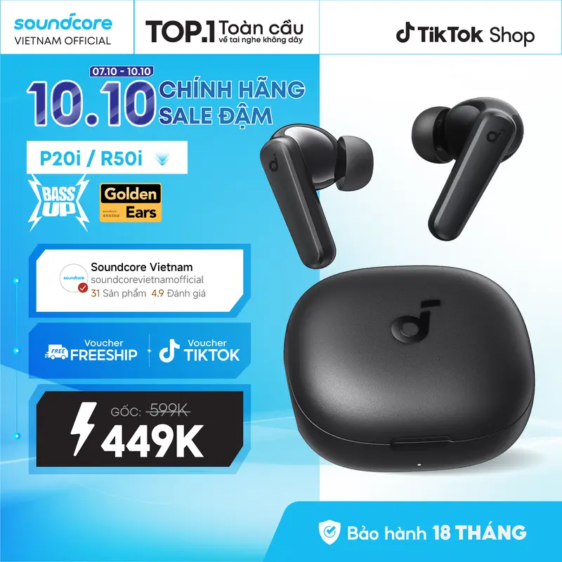 Tai nghe bluetooth Soundcore R50i (P20i) siêu nhỏ gọn | 30 giờ phát nhạc | Chống nước IPX5- Tai nghe không dây- Tai nghe bluetooth pin trâu-Bảo hành 18 tháng- Hàng chính hãng