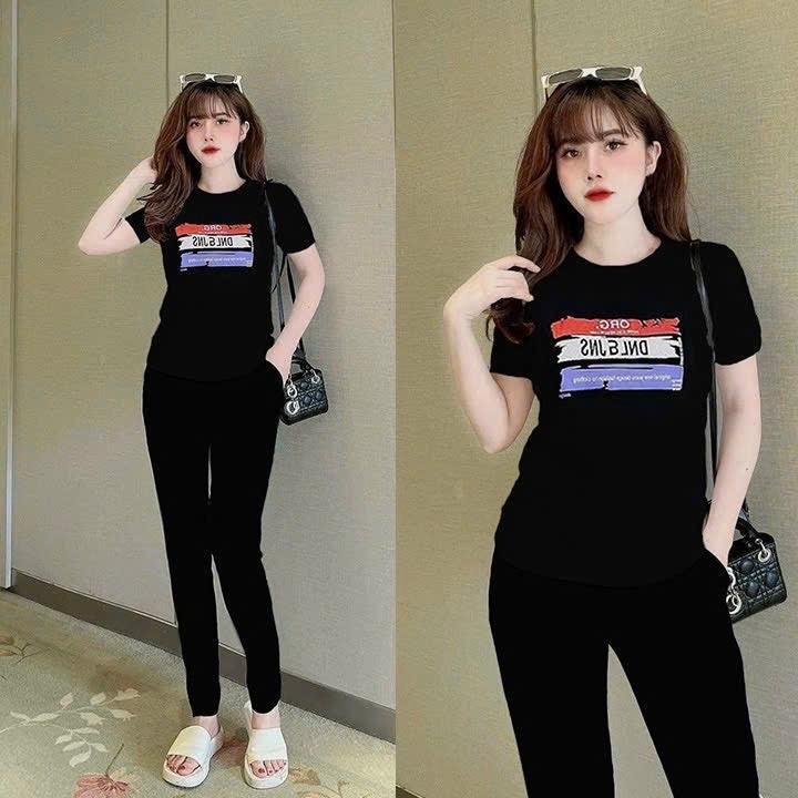 Sét bộ đồ nữ quần ống ôm thun cotton thêu in phối màu  cực đẹp M/L/XL/XXL - Top, Áo, Ong, Cổ Tròn, Women, Dress Voi Nhung