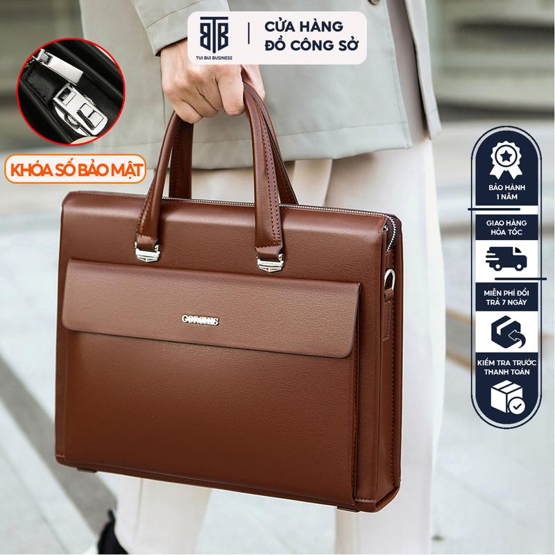  Cặp da nam công sở khóa số nắp gập văn phòng giáo viên giám đốc  TRUE BAG BUSINESS đựng tài liệu A4 máy tính laptop 