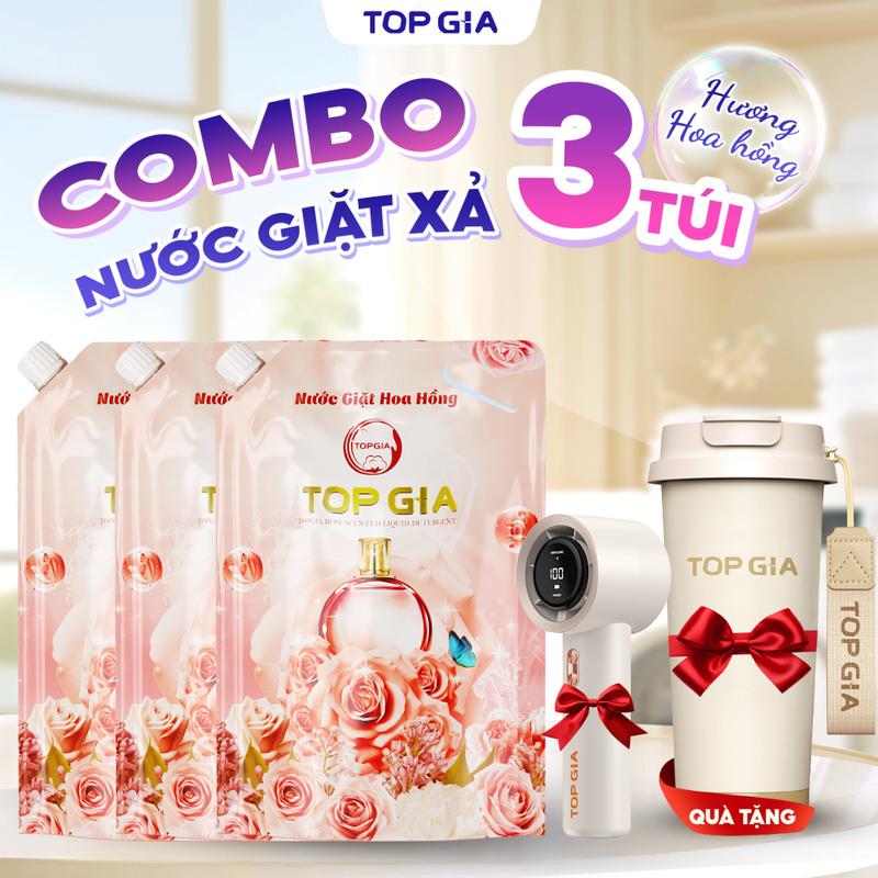 [TẶNG BÌNH + QUẠT] Combo 3 Túi  Nước giặt Lavender, Hoa Hồng TOPGIA 1L Tặng 1 Bình Giữ Nhiệt TOPGIA 500ML + 1 Quạt Mini Cầm Tay - Nước giặt xả quần áo ngừa khuẩn, hỗ trợ làm sạch, an toàn cho bé và lưu hương dài lâu, (1L) nth