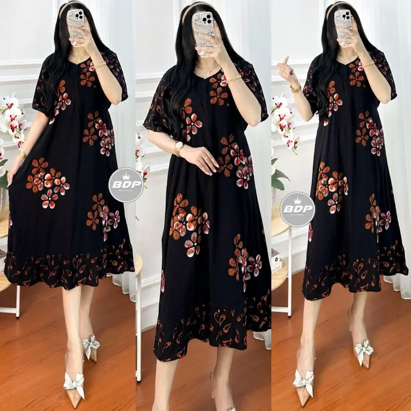 Terbaru | Daster Maura Wanita Kekinian Lengan Pendek Rayon Busui Resleting Depan - Daster Motif Terbaru - Baju Tidur Daster Katun Musim panas Bumil Batik Dress Panjang Belah Samping 3