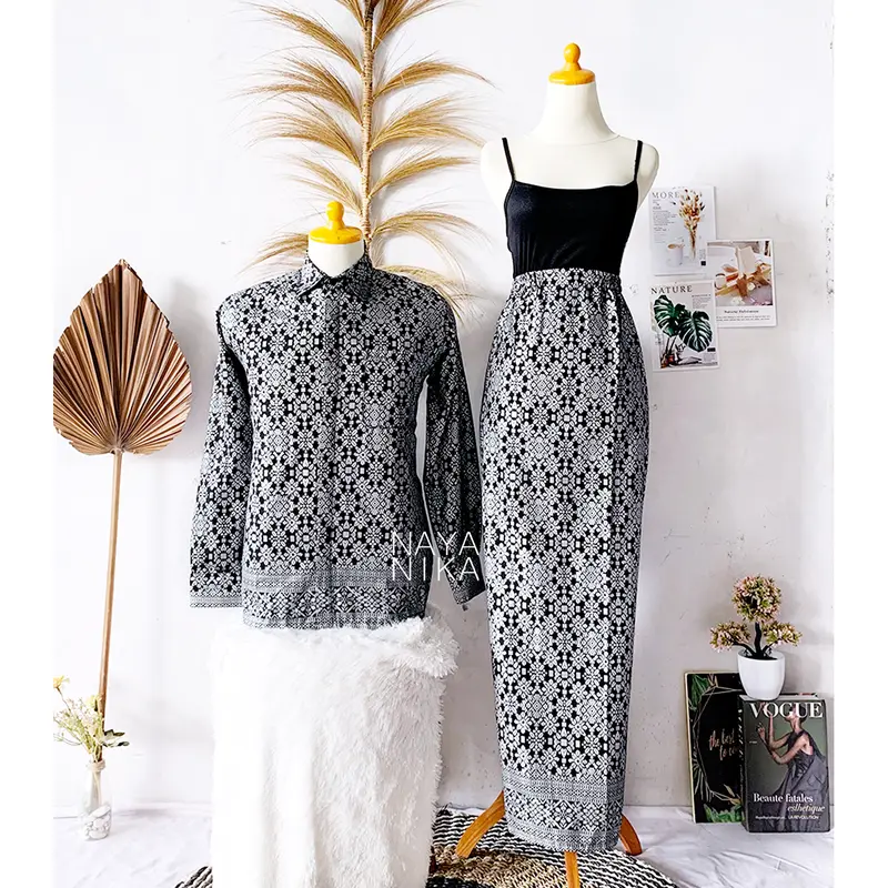 NAYANIKA BATIK - Batik Couple NAYRA LAKSMI Kemeja Lengan Panjang M L XL Mix Rok Prodo Songket - Baju Couple Pasangan Modern Kekinian - Bawahan Batik Wanita Rok Span Karet Pinggang - OOTD Kondangan Kekinian 0