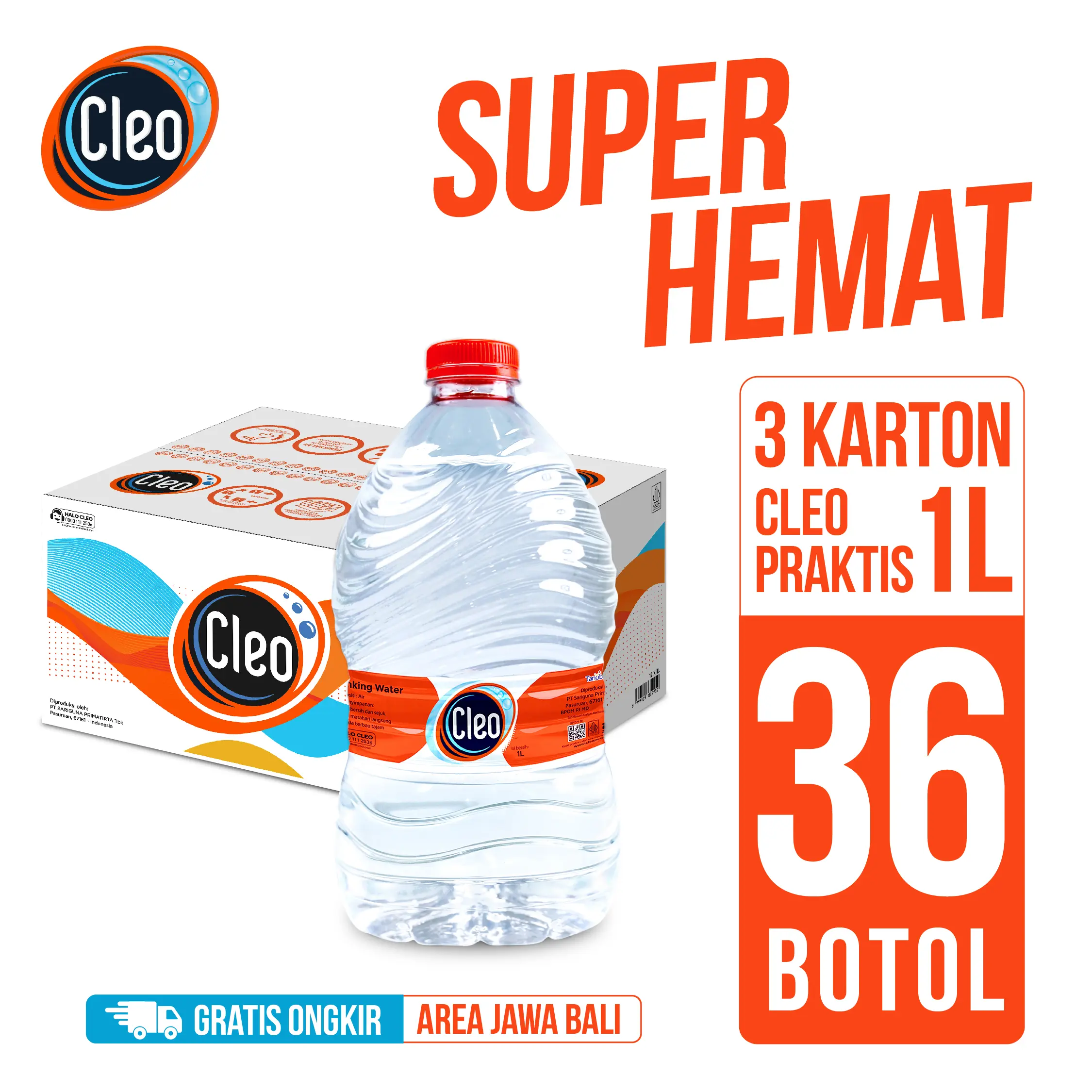 [CLEO X DENSU] 3 Karton 1L Praktis Cleo Air Murni Botol 36 botol