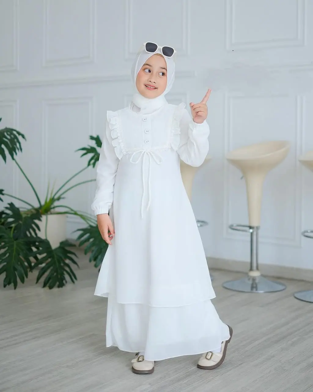 Gamis Anak Perempuan Putih Marwah Ceruty Babydol Set Kerudung untuk Usia 5-13 Tahun Baju Muslim Muda Panjang Muda Panjang Dress Remaja