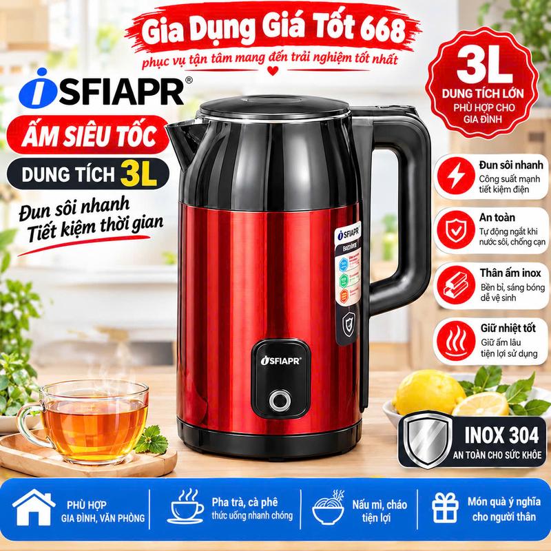 ẤM Siêu Tốc Đun Nước Cao Cấp SFIAPR INOX 304, Dung Tích 3L Siêu Lớn, Tự Ngắt Khi Nước Sôi, Công Suất 1500W - Binh Đun Nước Tiện Lợi Màu ngẫu nhiên