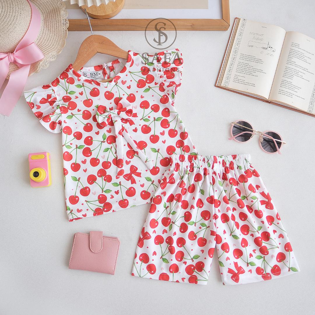 SAFA FASHION - READY STOCK Setelan Anak Perempuan Karisa Motif Buah Printing Terlaris / Fashion Oneset Anak Perempuan Atasan dan Celana Pendek Santai Terbaru