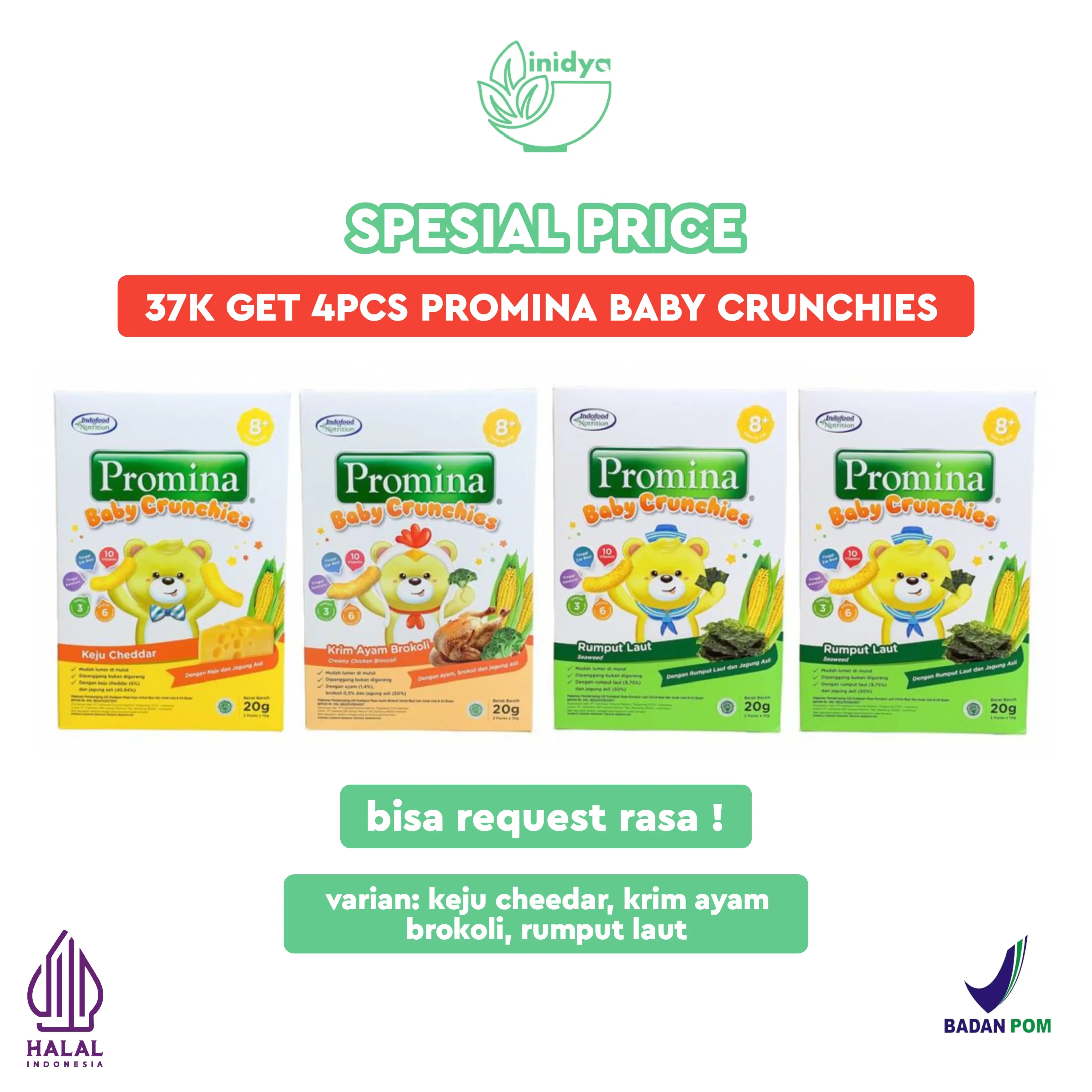 [SPESIAL PRICE] PROMINA BABY CRUNCHIES 20g- Snack Bayi Isi 4 Rasa Keju Cheddar, Krim Ayam Brokoli, Rumput Laut