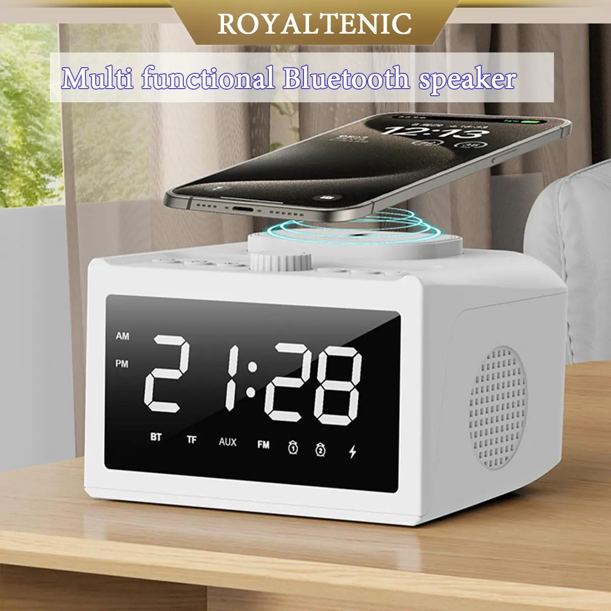 S31 Bedside Alarm Clock Radio with USB Charger, Bluetooth Speaker, FM radio,Wireless Charging & LED Display Auto Time Setting Decor