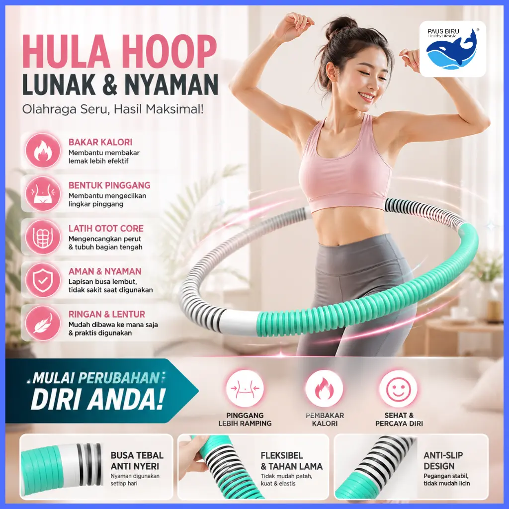Hula Hoop Fitness Berbobot 1.5 KG | Ring Hulahup Lipat untuk Olahraga di Rumah, Membantu Membakar Kalori, Membentuk Pinggang & Latihan Core