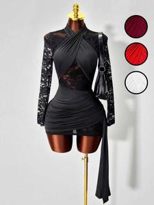 Vestido ceñido de mujer con cuello halter y manga larga de encaje, sexy y transparente con diseño de patchwork, perfecto para citas, escenario, fiesta y clubwear