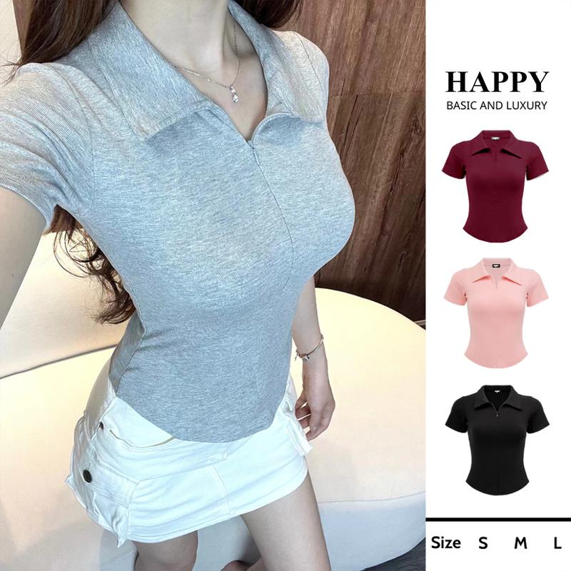 Áo Thun Nữ Cổ Bẻ Phối Dây Kéo Giọt Nước Form Ôm Dáng Cotton Mịn Co Dãn 4 Chiều HAPPY Polo women top màu đen