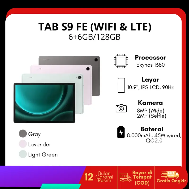 [PROMO LIVE] SAMSUNG GALAXY TAB S9 FE 5G & WIFI RAM 6/128 GB GARANSI RESMI NASIONAL 0